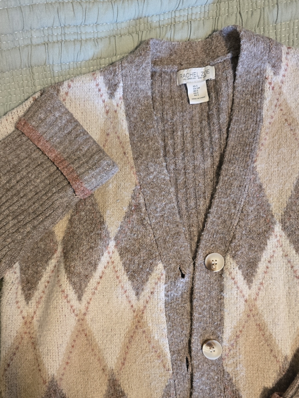Rachel Zoe Taupe & Cream Argyle Knit Cardigan with Soft Pink Accents